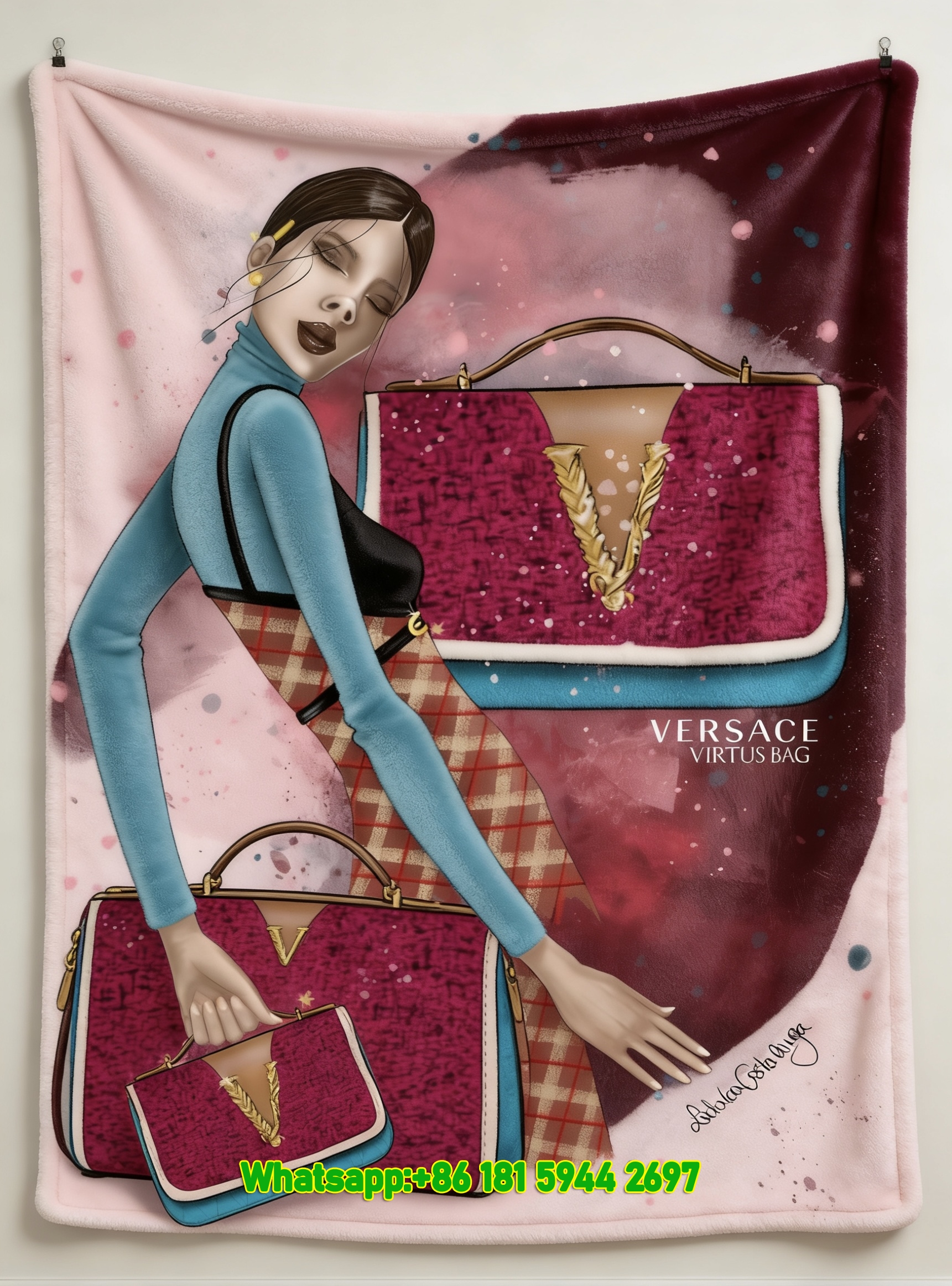 Versace Pink Blue Fashion Illustration Print Flannel Sofa Throw Blanket IMG_1748
